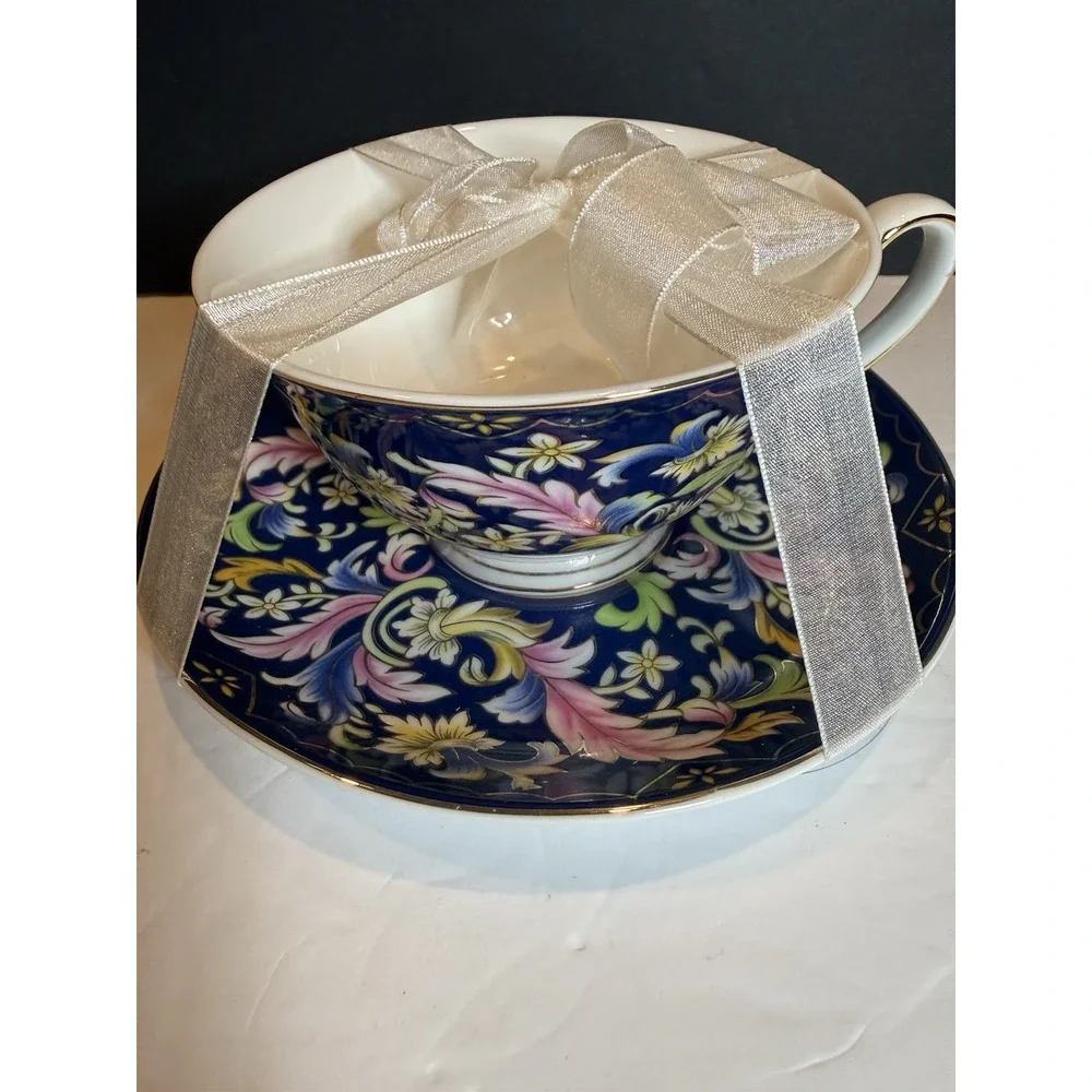 Grace Fine Porcelain Jumbo Teacup Saucer Blue Floral Gold Gift Set New